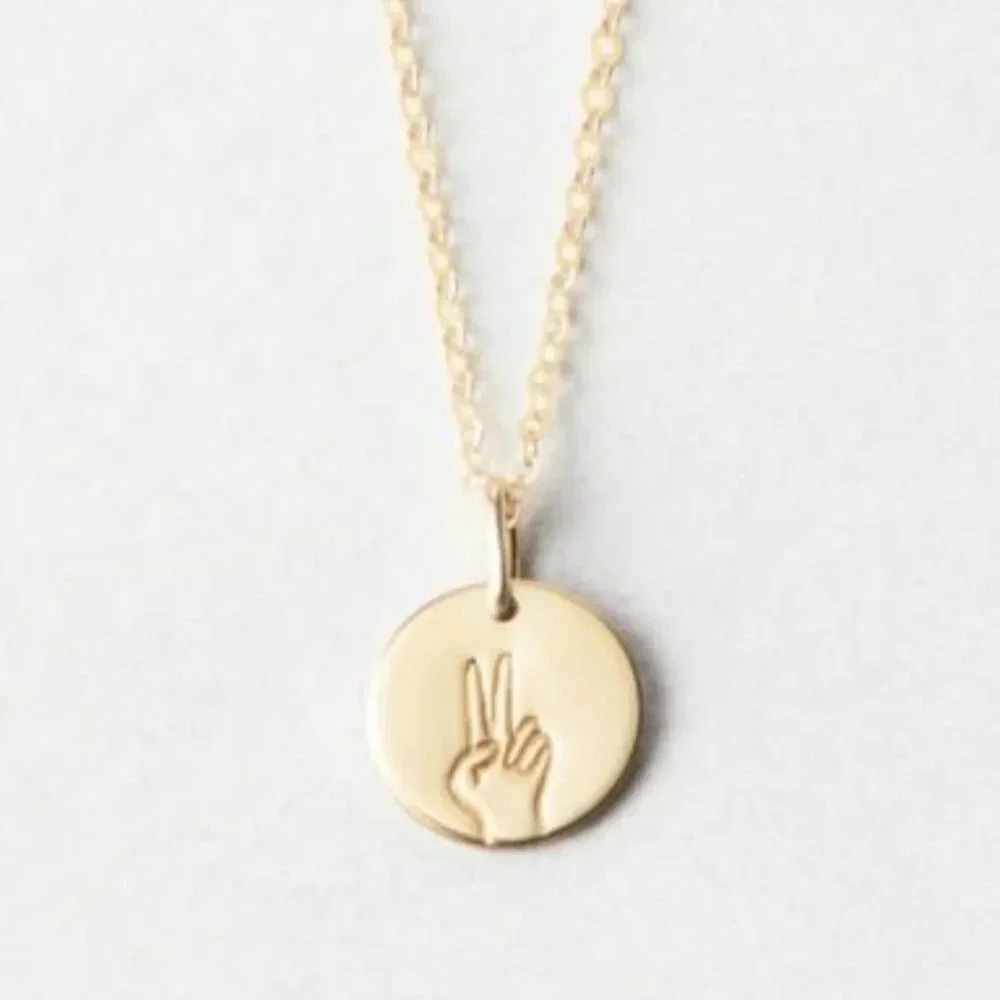 "Peace" Sign Language Gold Charm Disc Necklace